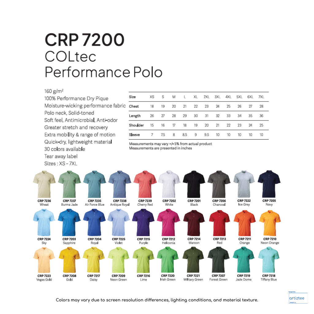 Polo COLtec Performance 160gsm Unisex CRP7200 Artiztee Collection Size Chart