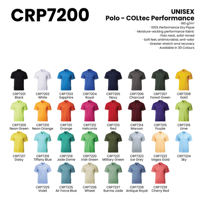 Polo - COLtec Performance | Unisex | 160gsm | CRP7200 | Artiztee | Collection