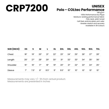 Polo - COLtec Performance | Unisex | 160gsm | CRP7200 | Artiztee | Size Chart