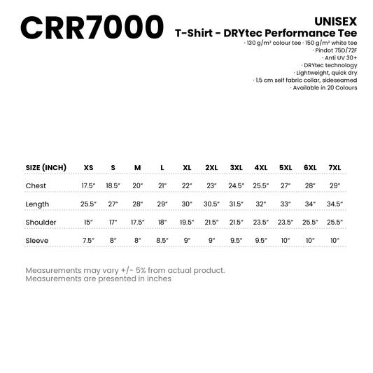 T-Shirt - DRYtec Performance Tee | Unisex | 150gsm | CRR7000 | Artiztee | Size Chart