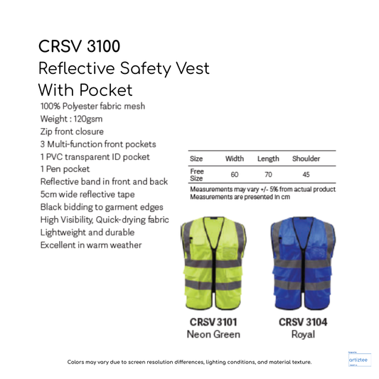 CRSV3100 vest reflective safety pocket 120gsm Artiztee Collection Size Chart