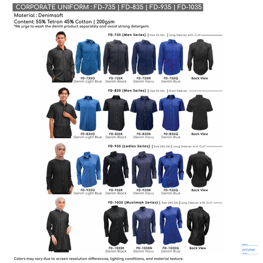 Corporate Uniform FD-835 Unisex Short Sleeves FD-735 Unisex Long Sleeves FD-935 Female Long Sleeves FD-1035 Muslimah Long Sleeve Collections