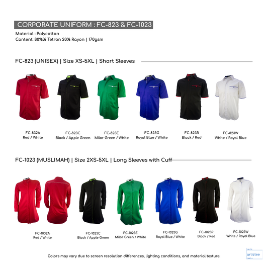 Corporate Uniform FC-823 Unisex Short Sleeves & FC-1023 Muslimah Long Sleeves Collection
