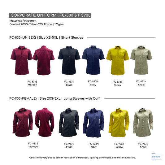 Corporate Uniform FC-833 Unisex Short Sleeves FC-933 Female Long Sleeves Collection