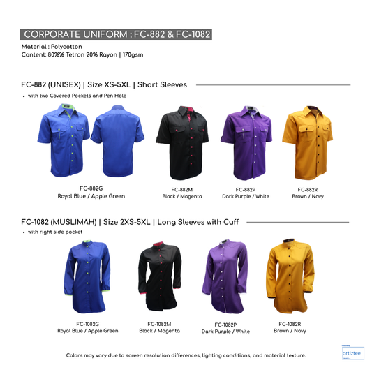 Corporate Uniform FC-882 Unisex Short Sleeves FC-1082 Muslimah Long Sleeves Collection