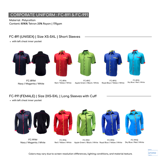 Corporate Uniform FC-891 Unisex Short Sleeves and FC-991 Female Long Sleeves Collection