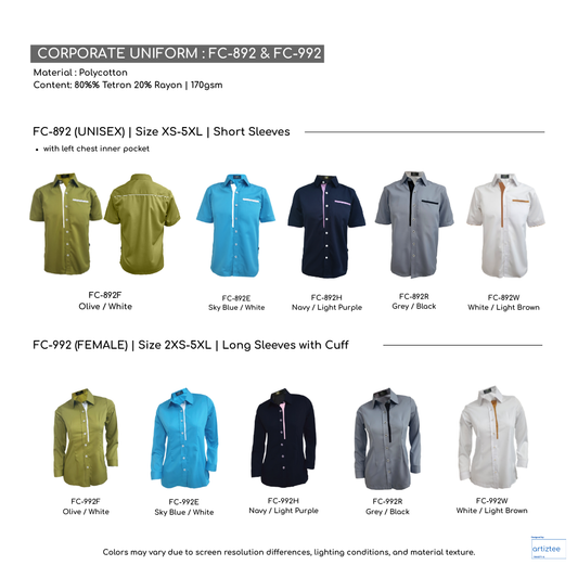 Corporate Uniform FC-892 Unisex Short Sleeves and FC-992 Female Long Sleeves Collection