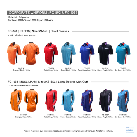 Corporate Uniform FC-893 Unisex Short Sleeves and FC-1093 Muslimah Long Sleeves Collection
