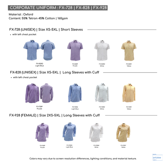 Corporate Uniform Oxford FX-828 Unisex Short Sleeves, FC-728 Unisex Long Sleeves, FX-928 Female Long Sleeves Collection