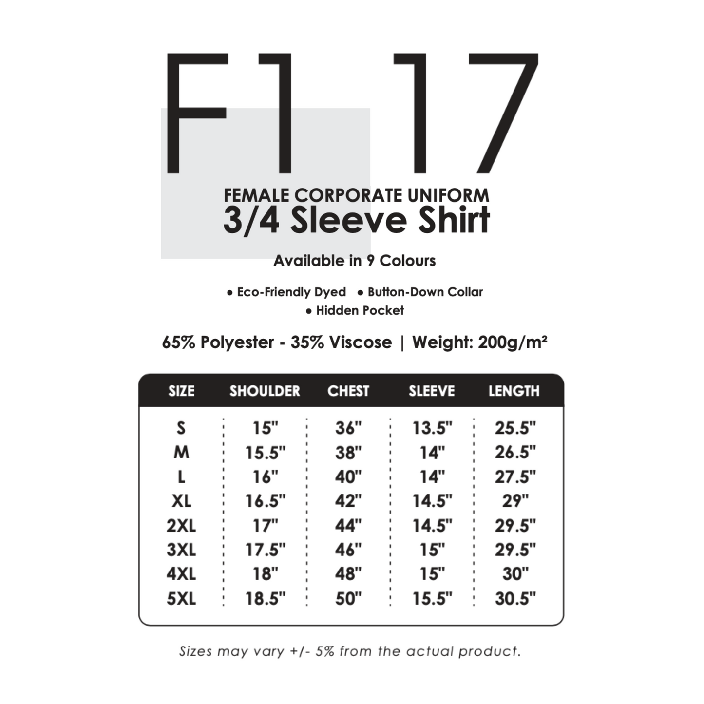 Uniform - Corporate | Female | 200gsm | Size Chart | F117