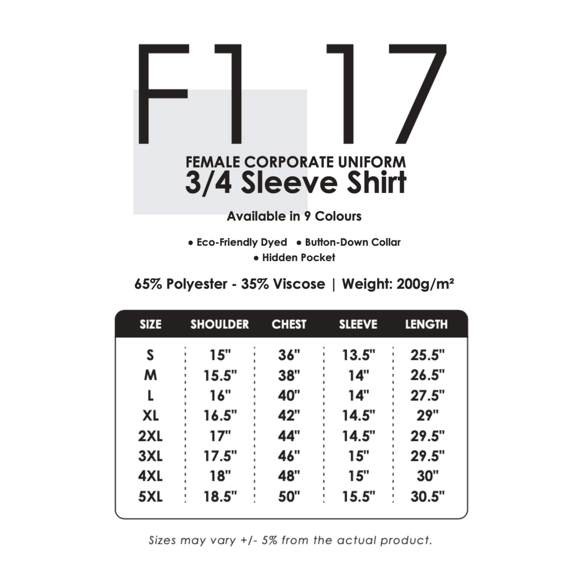 Uniform - Corporate | Female | 200gsm | Size Chart | F117