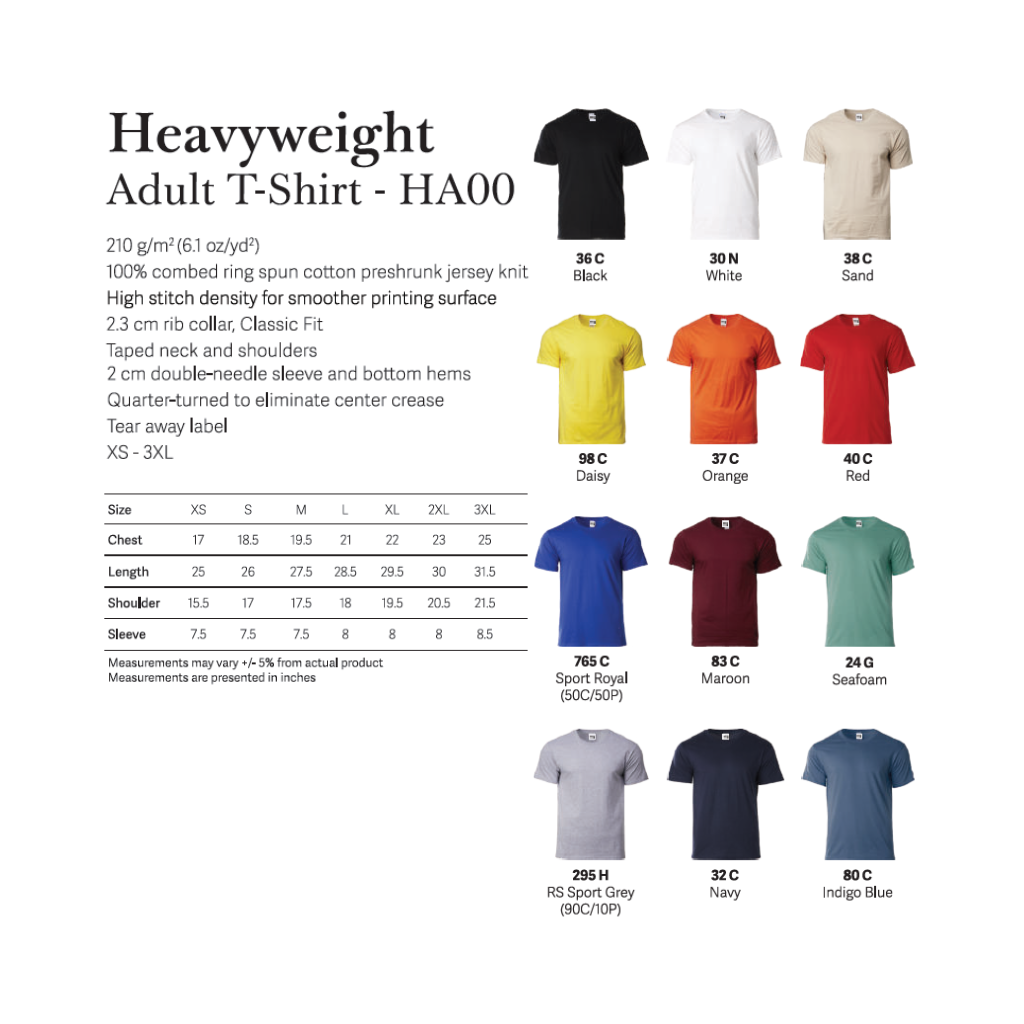 Heavyweight T-Shirt Unisex 210gsm HA00 | Artiztee | Collection | Size Chart