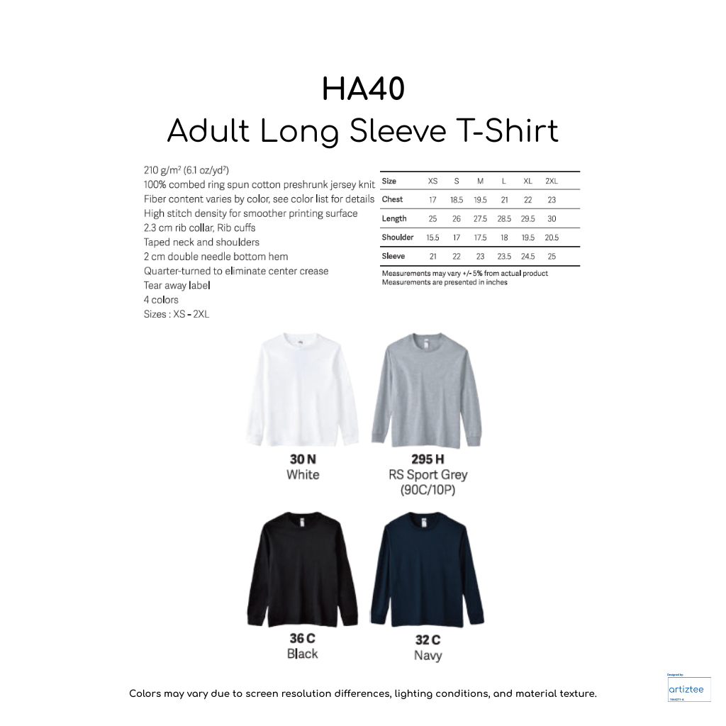 T-Shirt Long Sleeve - Unisex 210gsm Cotton HA40 | Artiztee | Collection | Size Chart