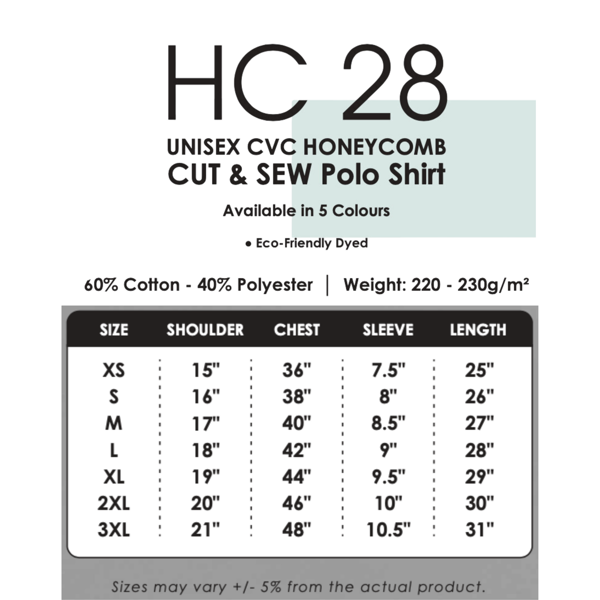 Polo | CVC Honeycomb | Cut & Sew | Unisex | 220gsm | Size Chart | HC28