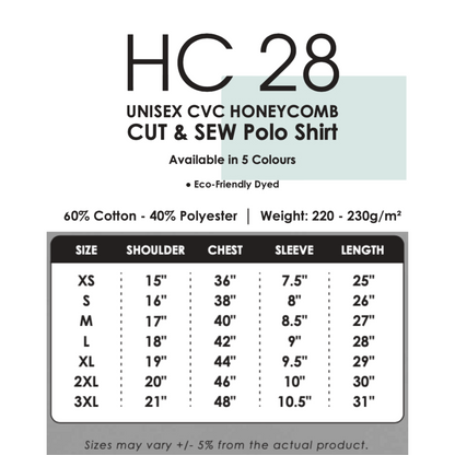 Polo | CVC Honeycomb | Cut & Sew | Unisex | 220gsm | Size Chart | HC28