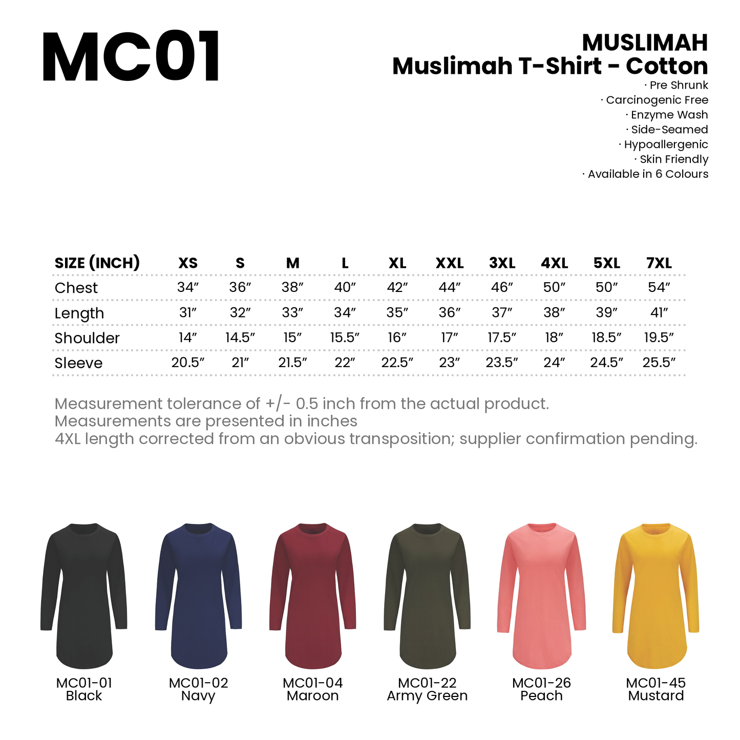 Muslimah T-Shirt - Cotton | Round Neck | 180gsm | MC01 | Artiztee | Collection | Size Chart