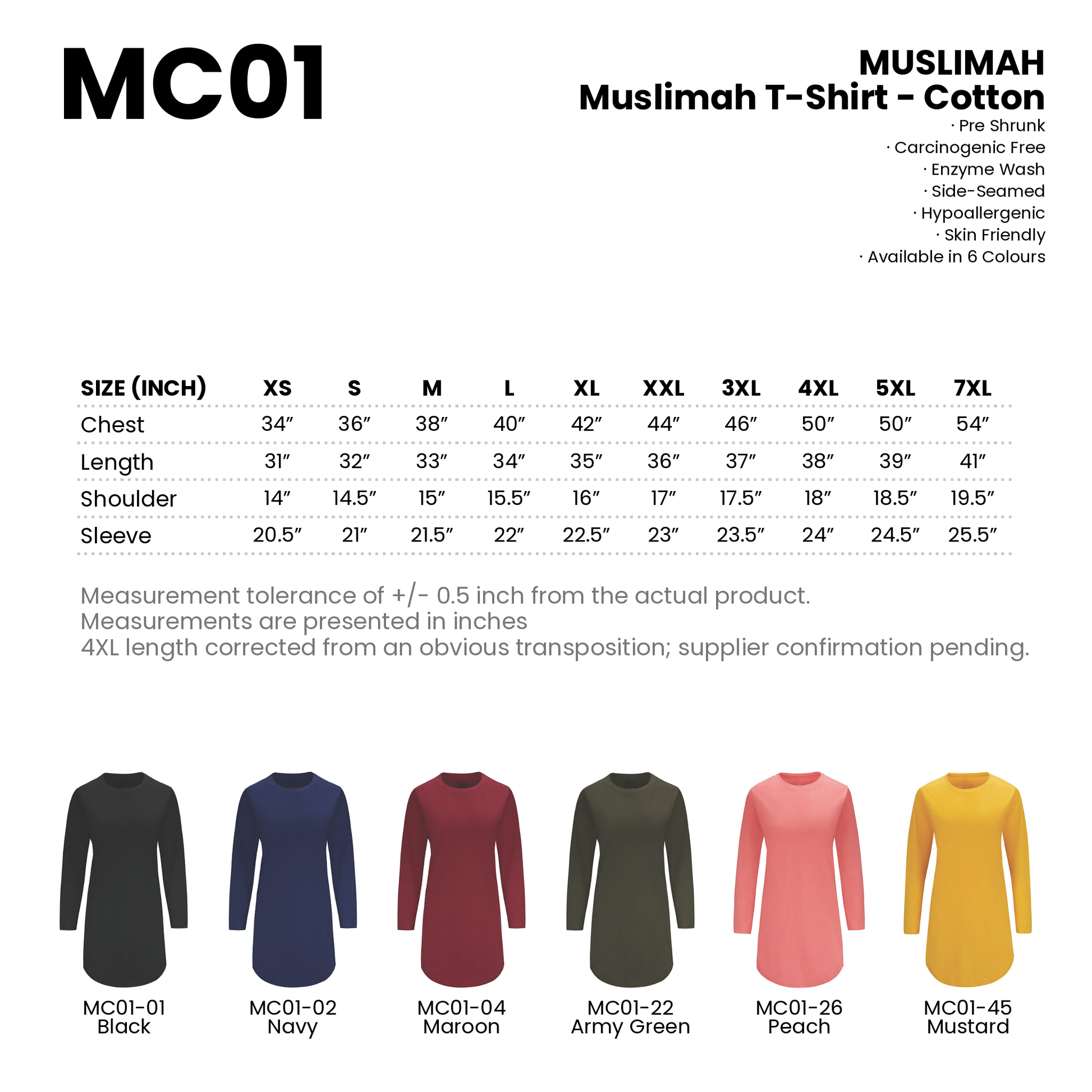 Muslimah T-Shirt - Cotton | Round Neck | 180gsm | MC01 | Artiztee | Collection | Size Chart