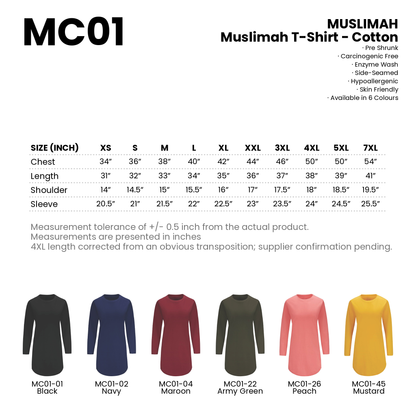 Muslimah T-Shirt - Cotton | Round Neck | 180gsm | MC01 | Artiztee | Collection | Size Chart