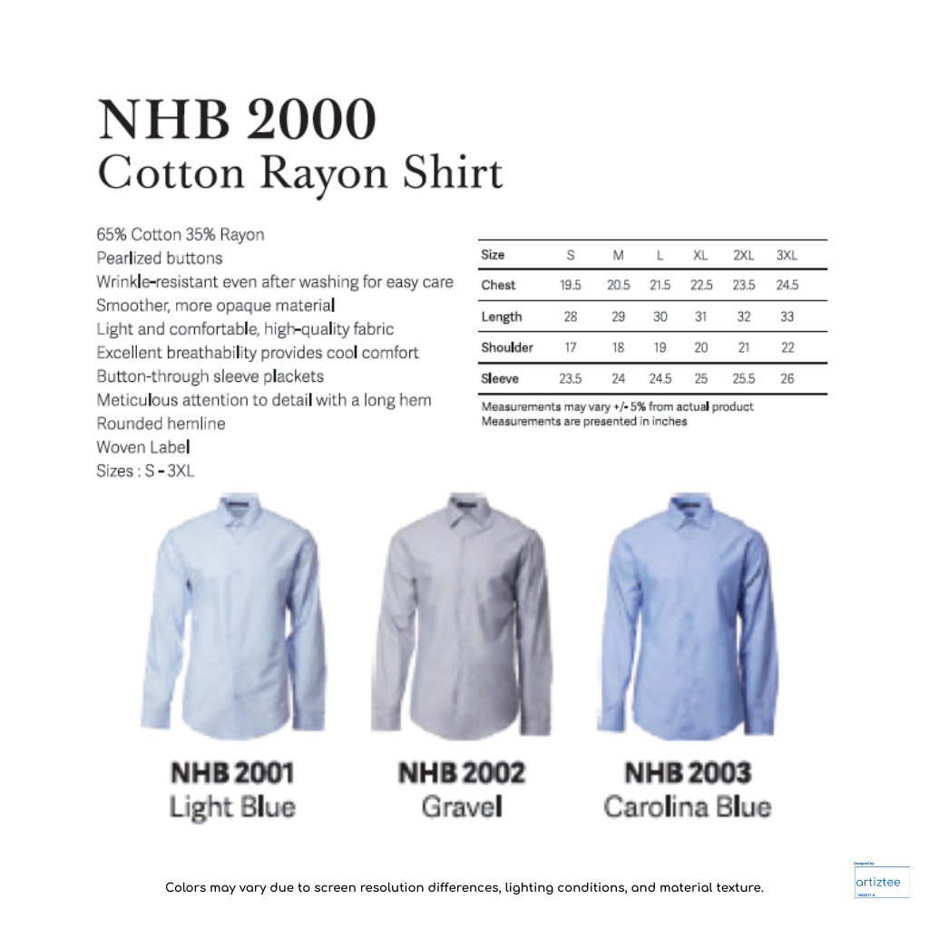 NHB2000 Cotton Rayon Shirt Unisex 120gsm Artiztee Collection Size Chart