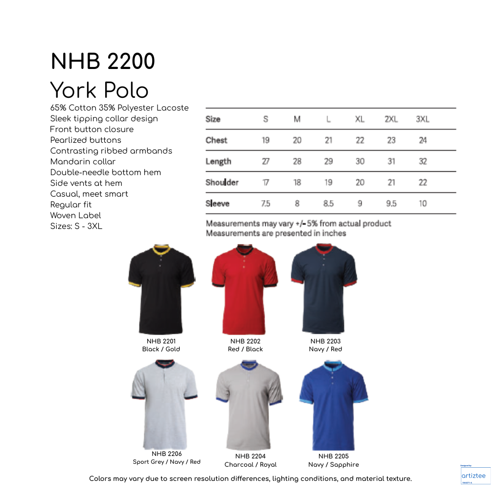 Polo Shirt York Unisex 220gsm | NHB2200 | Artiztee | Collection | Size Chart