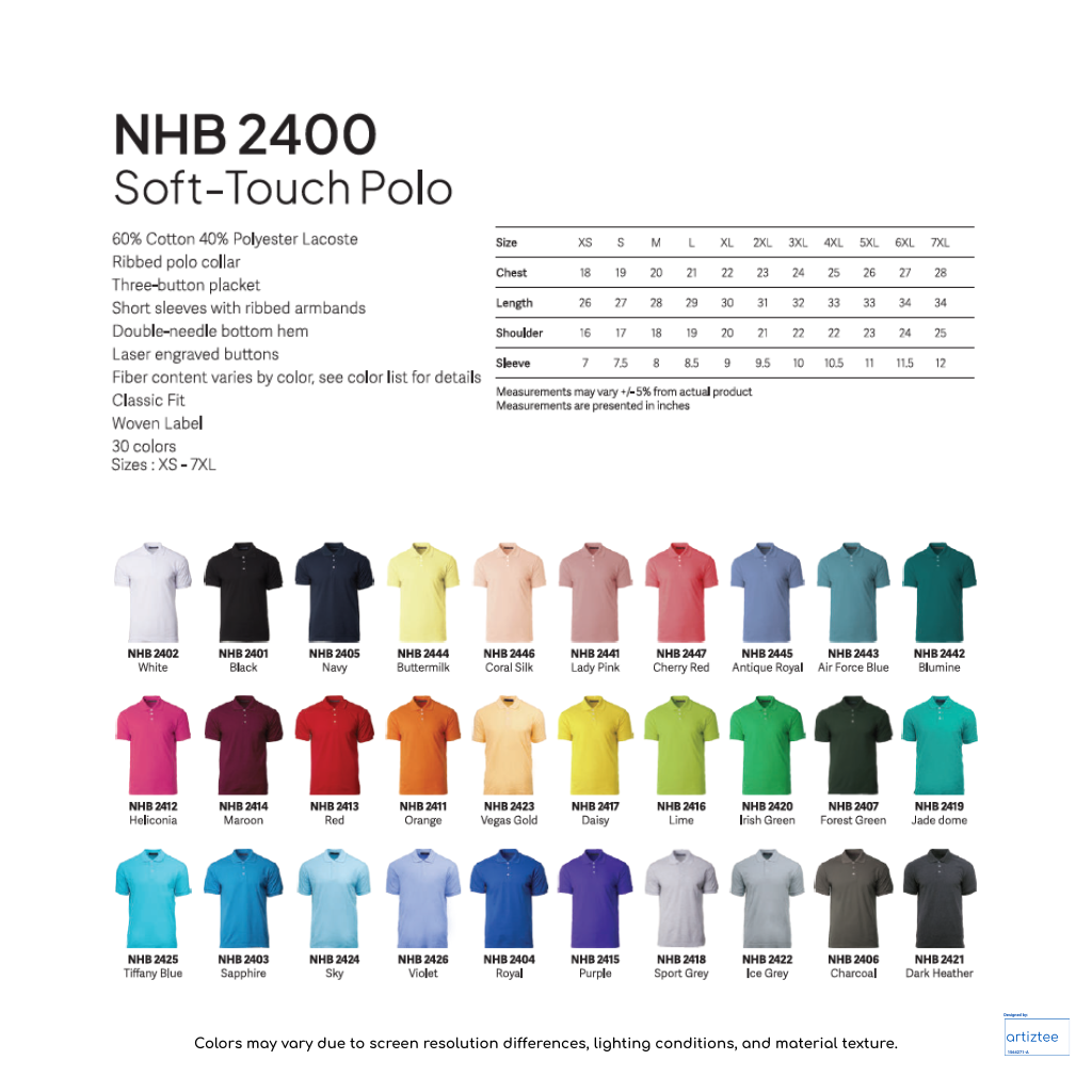 Polo Shirt Soft-Touch Unisex 220gsm  | NHB2400 | Artiztee | Collection | Size Chart