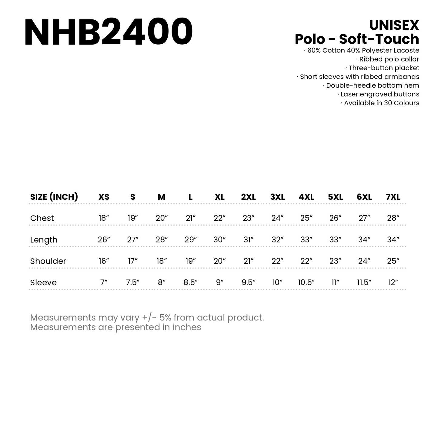 Polo - Soft-Touch | Unisex | 220gsm | NHB2400 | Artiztee | Size Chart