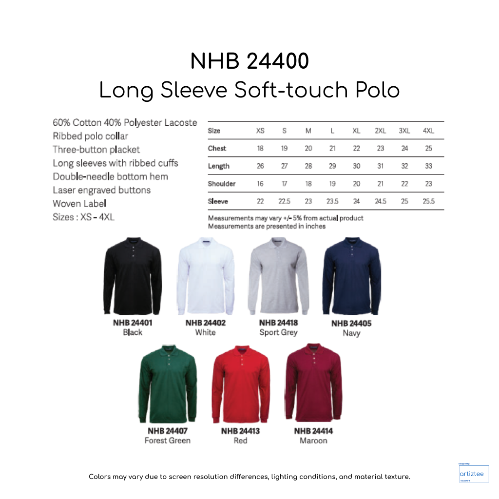 Polo Long Sleeve Soft-touch Unisex 220gsm NHB24400 Artiztee Collection Size Chart