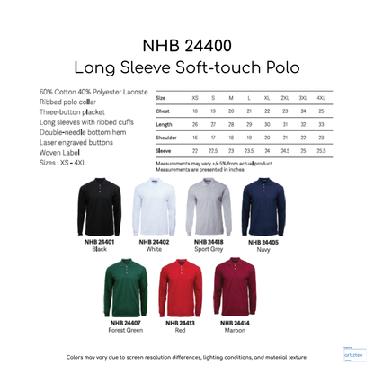 Polo Long Sleeve Soft-touch Unisex 220gsm NHB24400 Artiztee Collection Size Chart