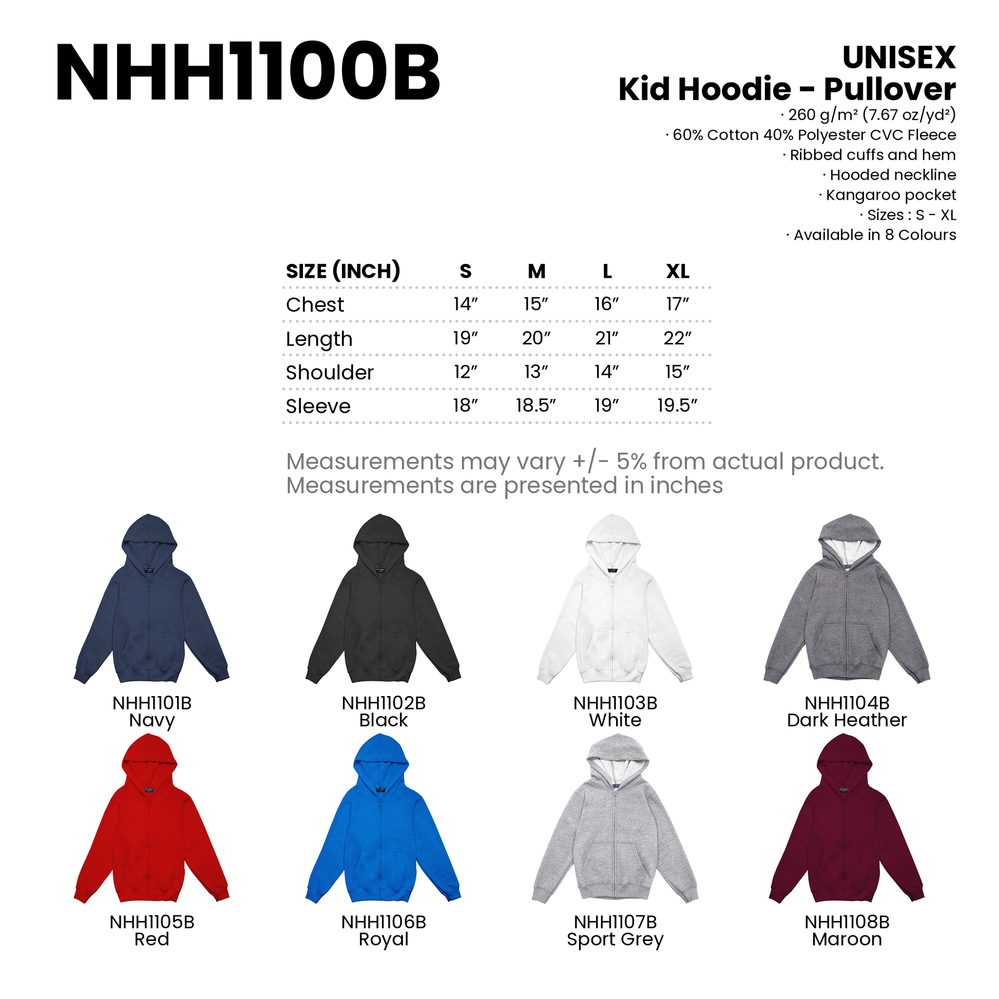 Kid Hoodie - Pullover | Unisex | NHH1100B | Artiztee | Collection | Size Chart