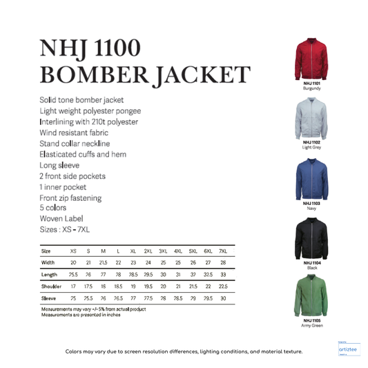Bomber jacket unisex 220gsm NHJ1100 Artiztee Collection Size Chart