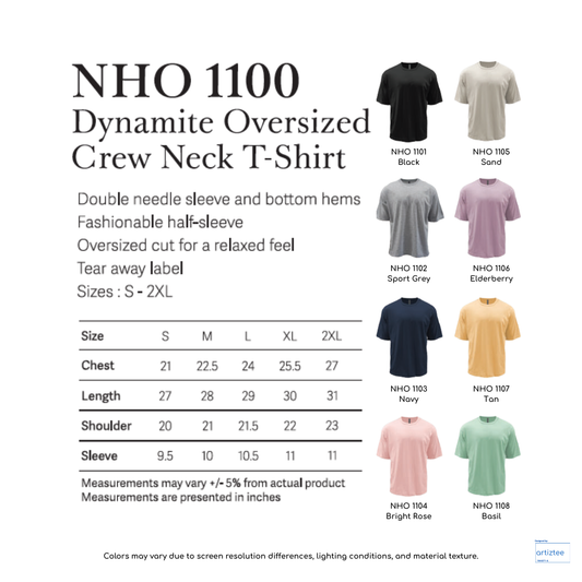Oversized T-Shirt Dynamite Crew Neck Unisex | Artiztee | Collection | Size Chart
