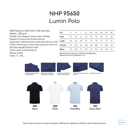Polo - Unisex Lumin 200gsm |  NHP95650 | Artiztee | Collection | Size Chart