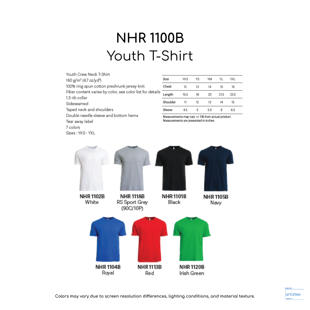 T-Shirt Youth Unisex 160gsm | NHR1100B | Artiztee | Collection | Size Chart