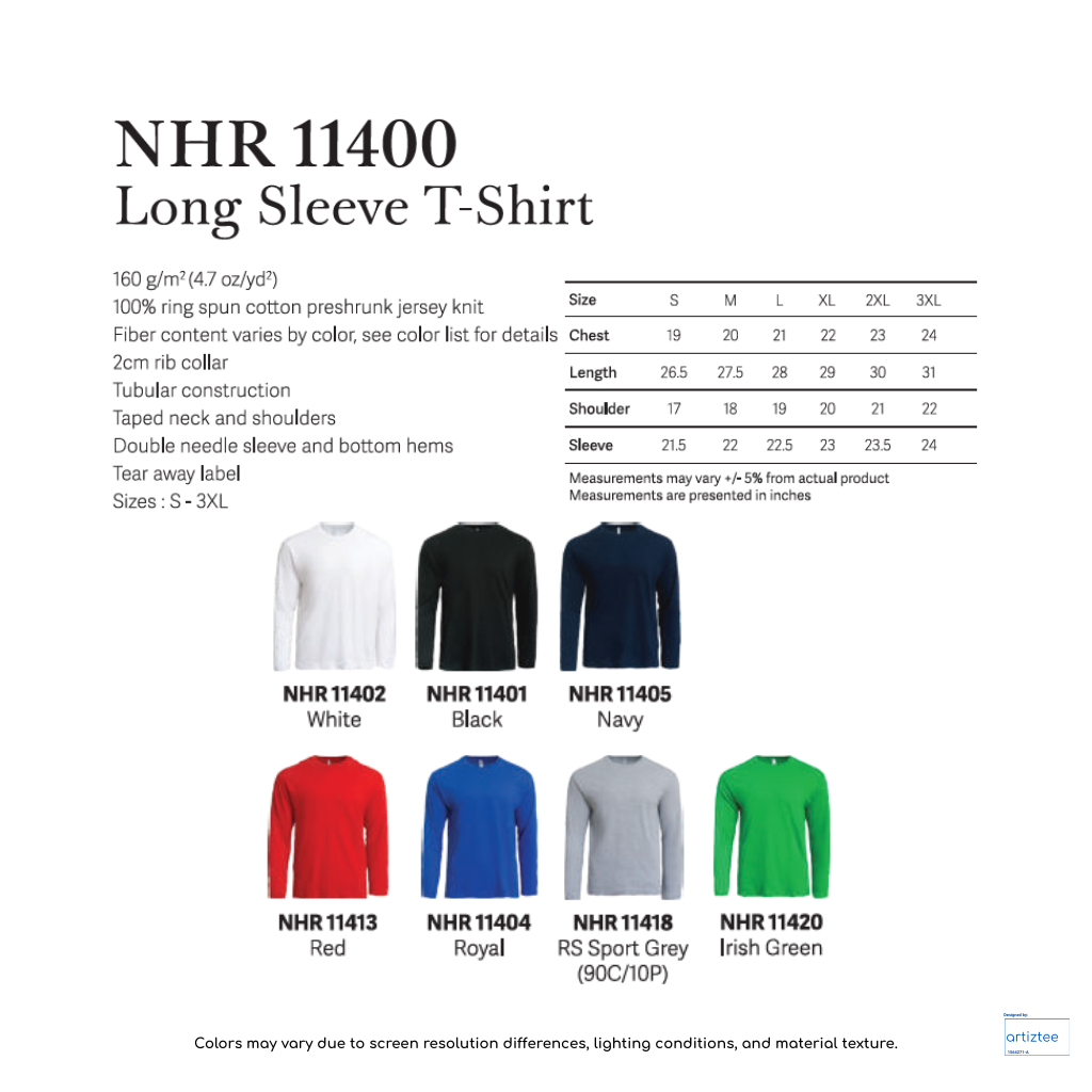 T-Shirt Long Sleeve Unisex 160gsm  NHR11400 | Artiztee | Collection | Size Chart