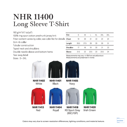 T-Shirt Long Sleeve Unisex 160gsm  NHR11400 | Artiztee | Collection | Size Chart