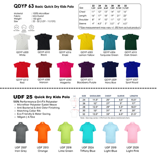 Kid Polo Shirt Quick Dry - Unisex | Artiztee | QDYP63 | UDF25 | Collection | Size Chart