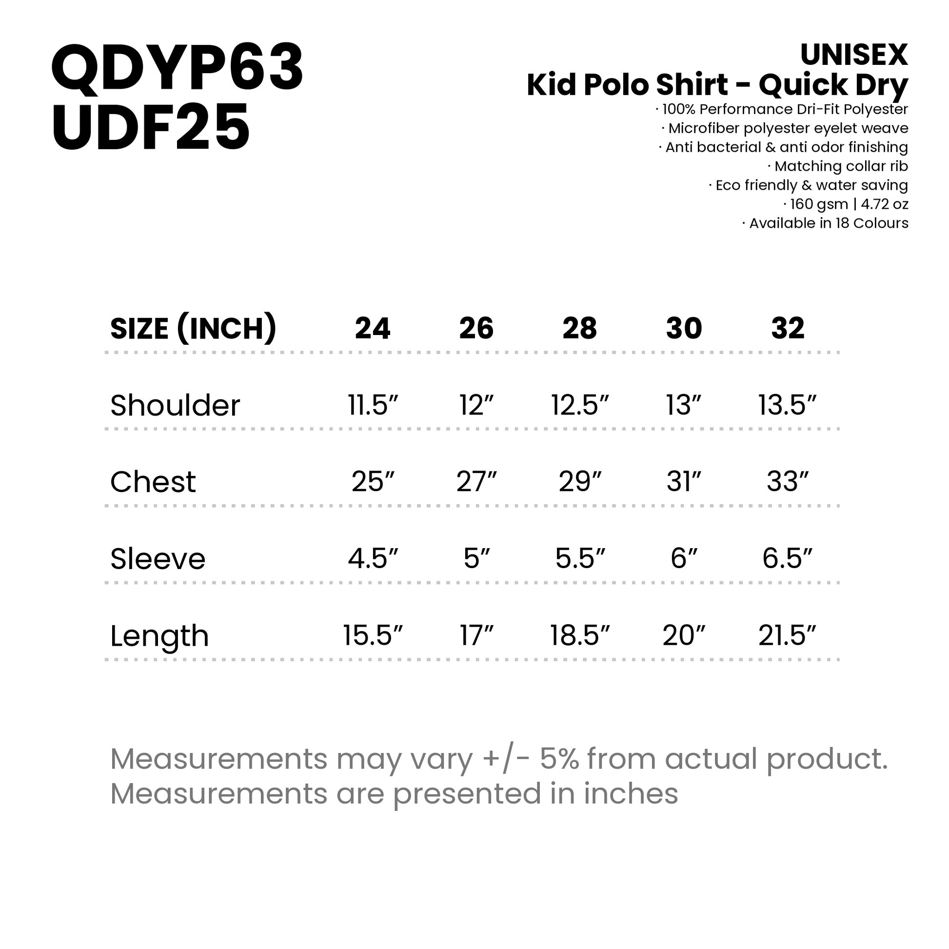 Kid Polo Shirt - Quick Dry | Unisex | QDYP63 | UDF25 | Artiztee | Size Chart