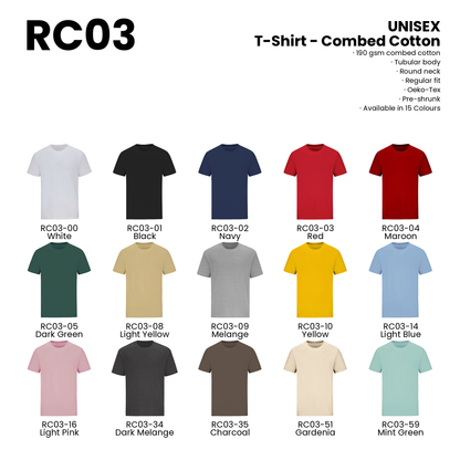 T-Shirt - Combed Cotton | Unisex | 190gsm | RC03 | Artiztee | Collection
