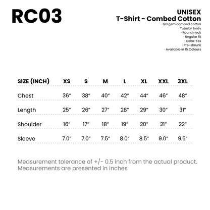 T-Shirt - Combed Cotton | Unisex | 190gsm | RC03 | Artiztee | Size Chart