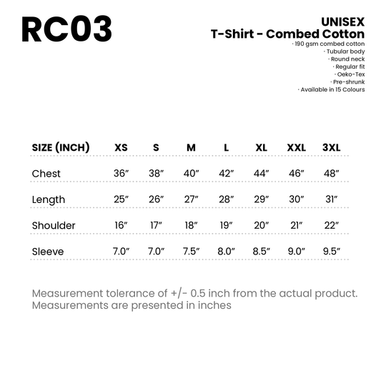 T-Shirt - Combed Cotton | Unisex | 190gsm | RC03 | Artiztee | Size Chart