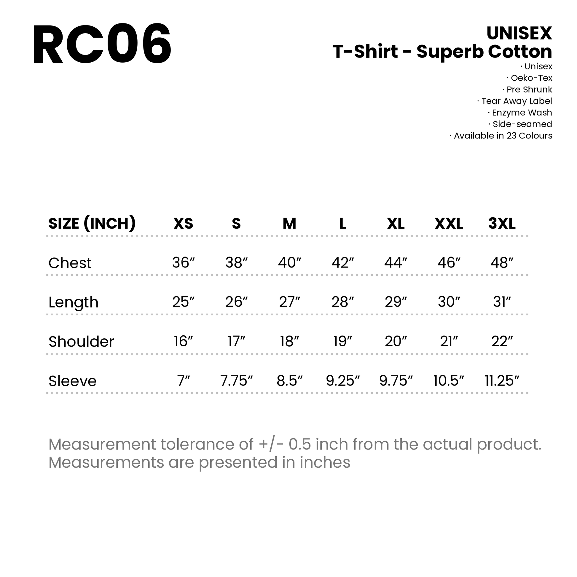 T-Shirt - Superb Cotton | Unisex | 220gsm | RC06 | Artiztee | Size Chart