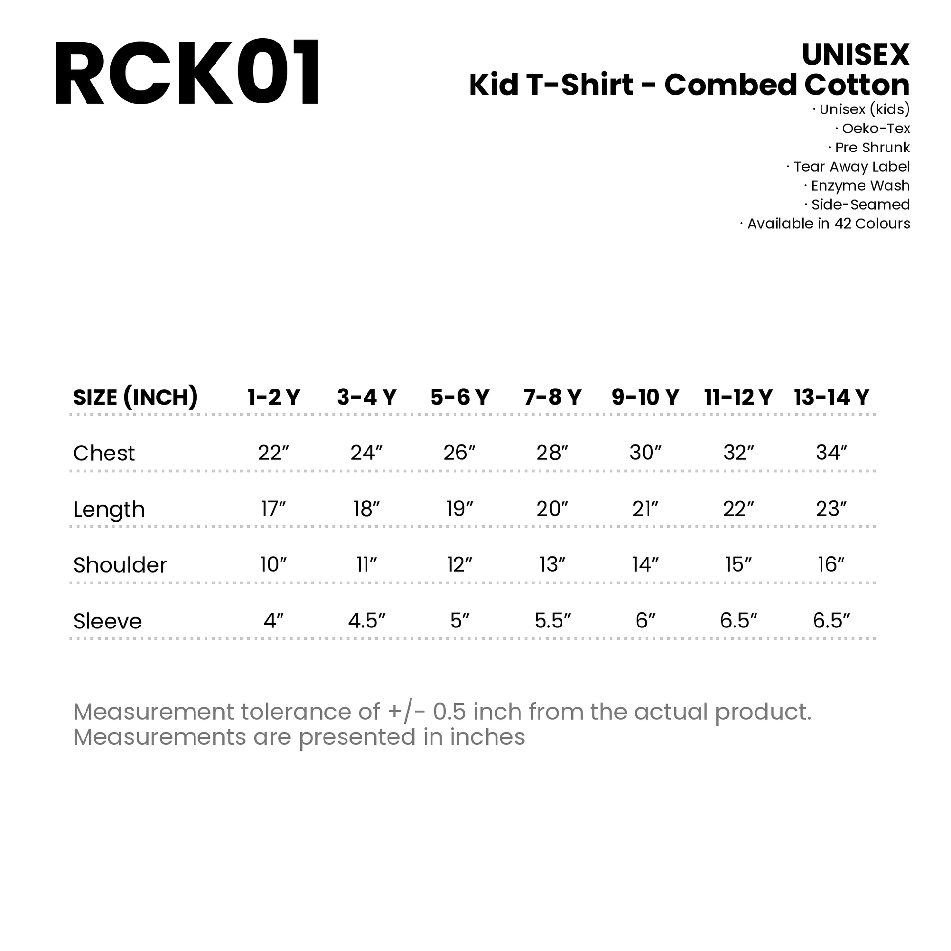 Kid T-Shirt - Combed Cotton | Unisex | 160gsm | RCK01 | Artiztee | Size Chart
