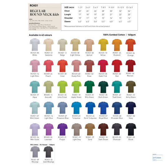Kid T-Shirt - Combed Cotton | Unisex 160gsm | RCK01 Size Chart | Collection Artiztee