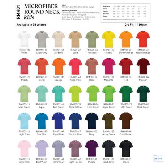 Kid T-Shirt - Microfiber RMK01 | Unisex 160gsm | Size Chart | Collection | Artiztee