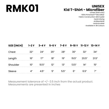 Kid T-Shirt - Microfiber | Unisex | 160gsm | RMK01 | Artiztee | Size Chart