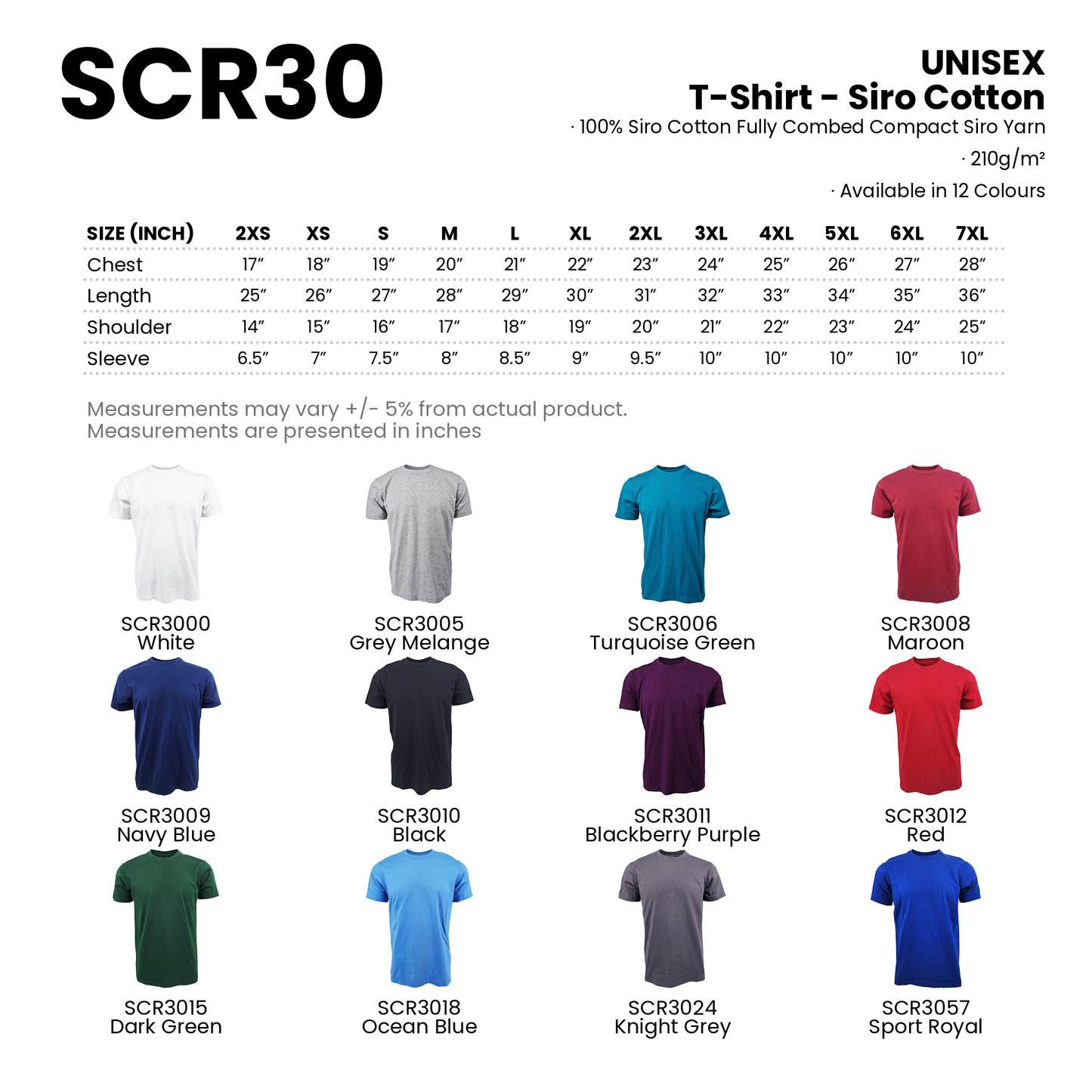 T-Shirt - Siro Cotton | Unisex | 210gsm | SCR30 | Artiztee | Collection | Size Chart