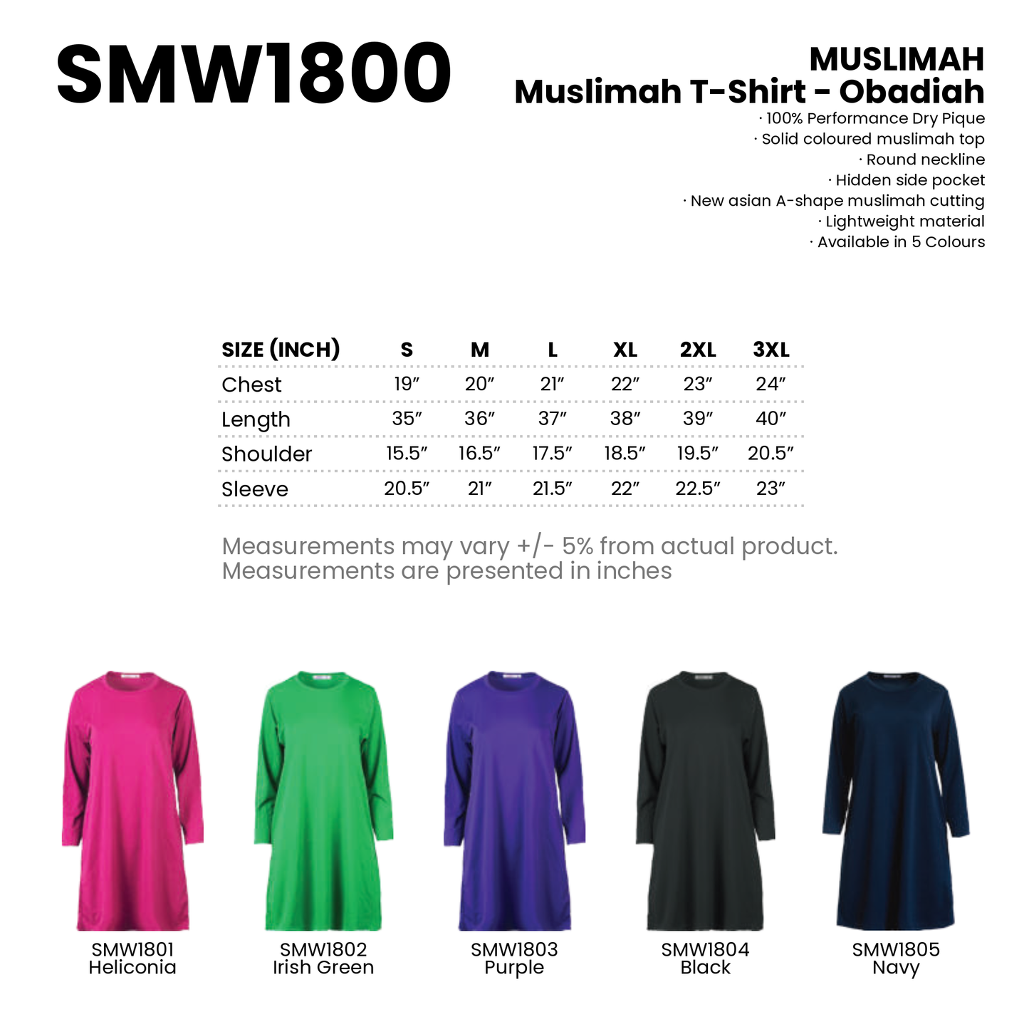 Muslimah T-Shirt - Obadiah | Quick Dry | 160gsm | SMW1800 | Artiztee | Collection | Size Chart