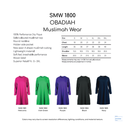 SMW1800 Obadiah Muslimah 160gsm Artiztee Collection Size Chart