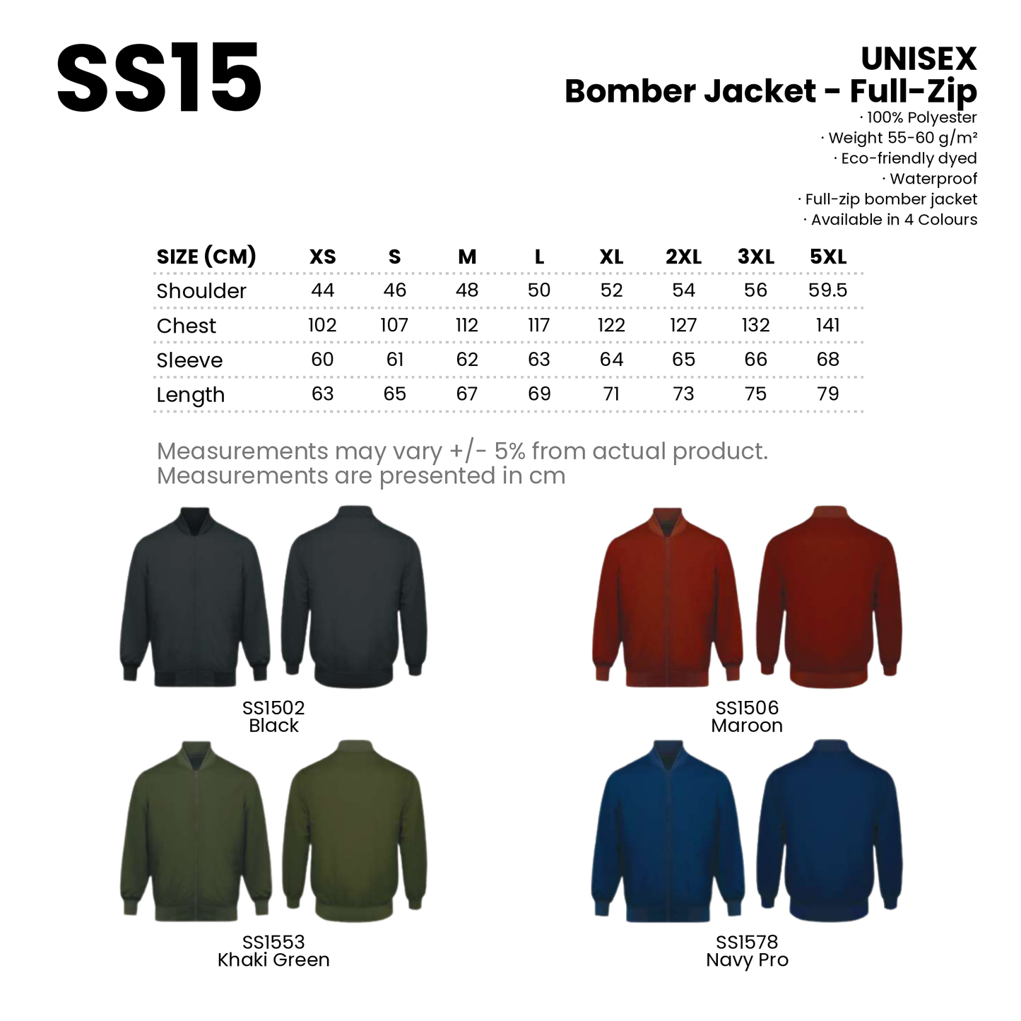 Bomber Jacket - Full-Zip | Polyester | Unisex | SS15 | Artiztee | Collection | Size Chart