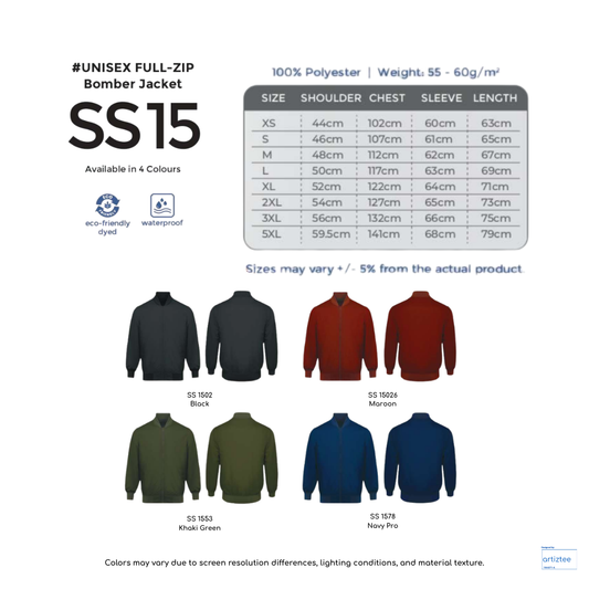Bomber Jacket - Full-Zip | Polyester | Unisex | Collection | Size Chart | Artiztee